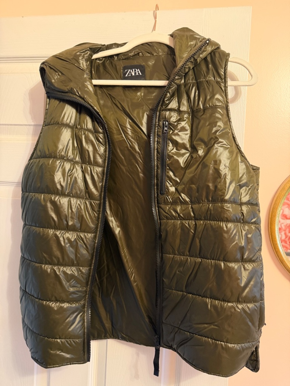 ZARA Olive Quilted Hooded Puffer Vest